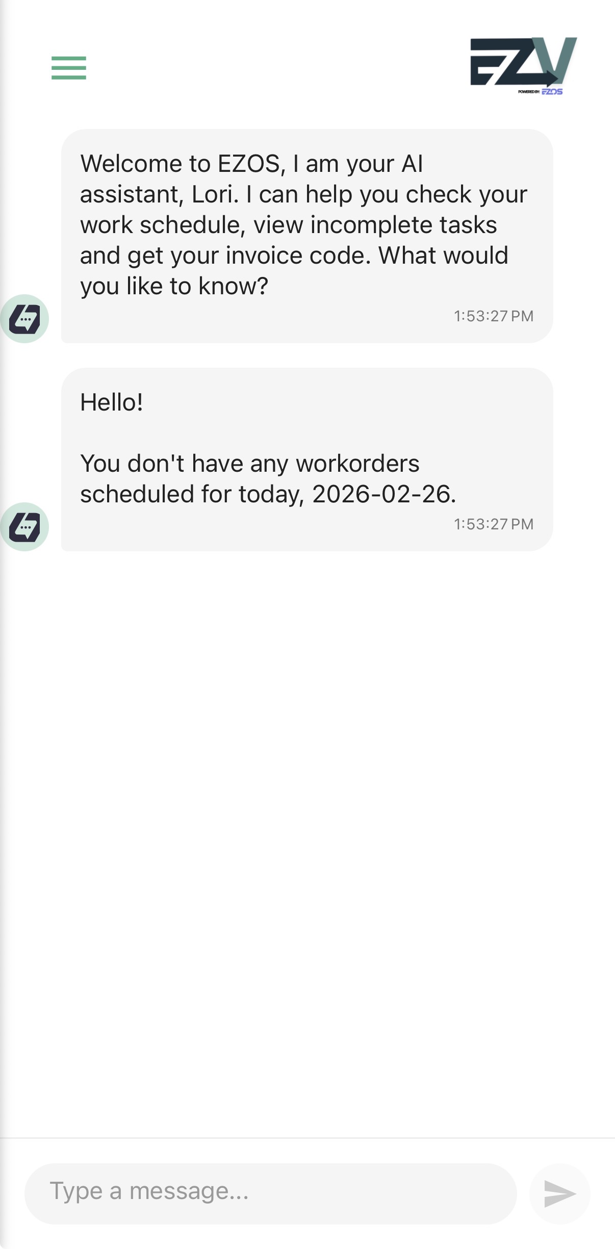 EZVendor mobile app with Lori AI assistant helping vendors check work schedules, view tasks, and get invoice codes