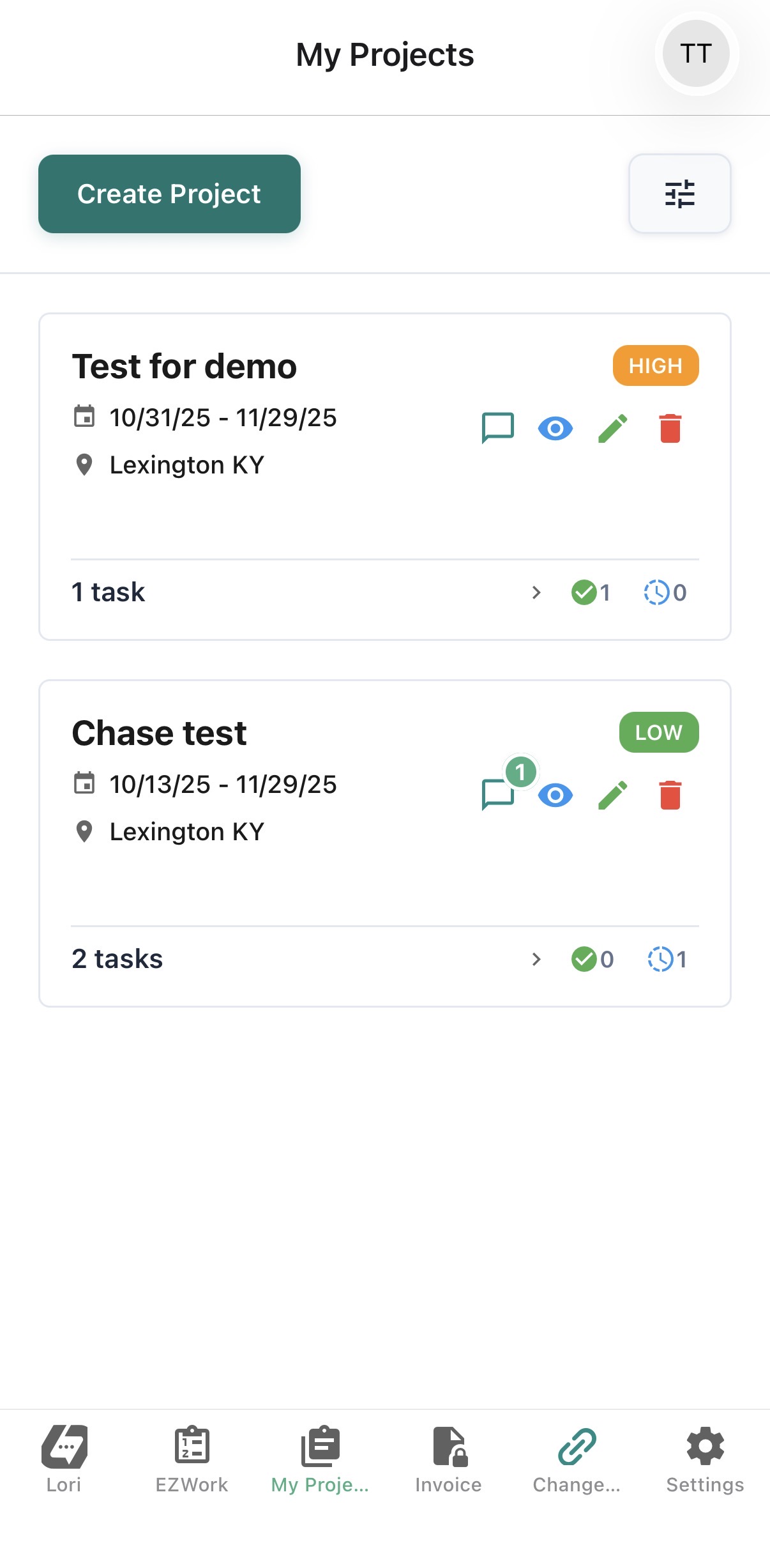 EZVendor My Projects view showing active projects with priority levels, task counts, and completion status