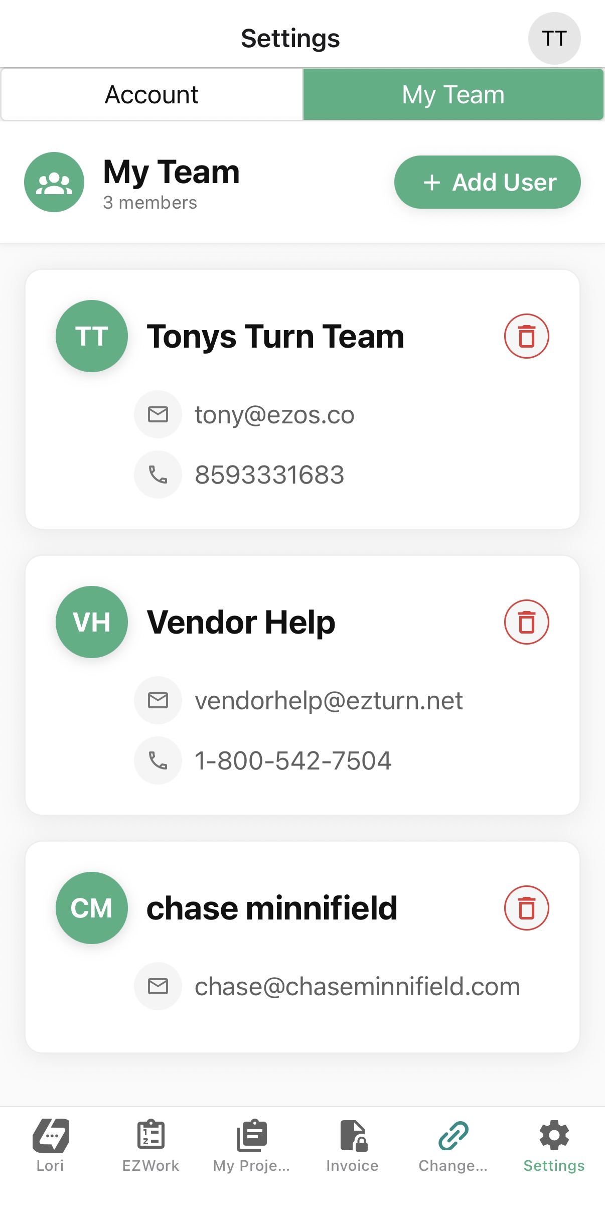 EZVendor My Team settings showing team members with contact details and user management