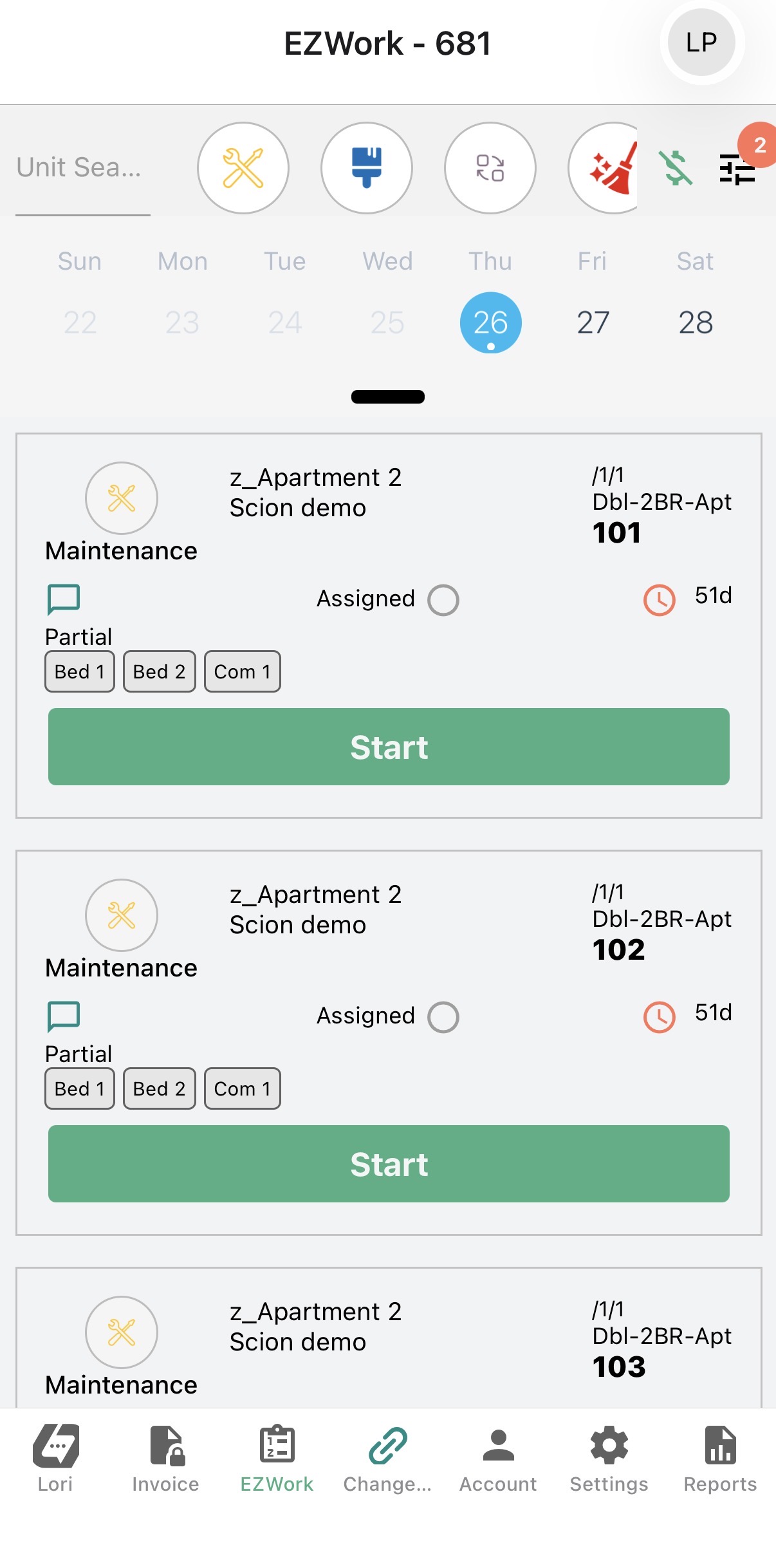 EZVendor EZWork mobile view showing weekly maintenance work orders with unit assignments, area breakdowns, and start buttons