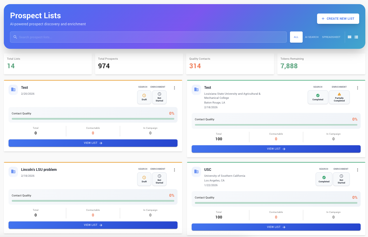 EZmanage Prospect Lists dashboard with AI-powered prospect discovery, enrichment status, contact quality scores, and university-targeted search