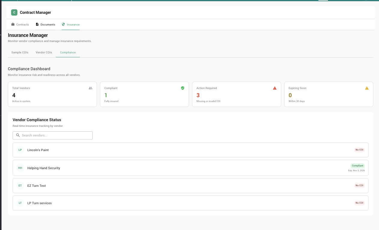 EZmanage Insurance Manager showing vendor compliance dashboard with COI status, compliant vendors, and action required alerts