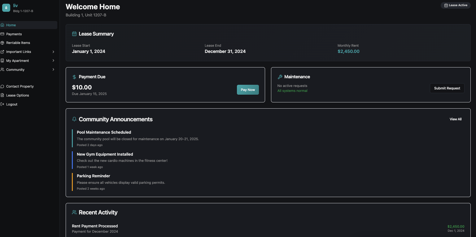 EZtenant Welcome Home dashboard showing lease summary, payment due, maintenance status, community announcements, and recent activity