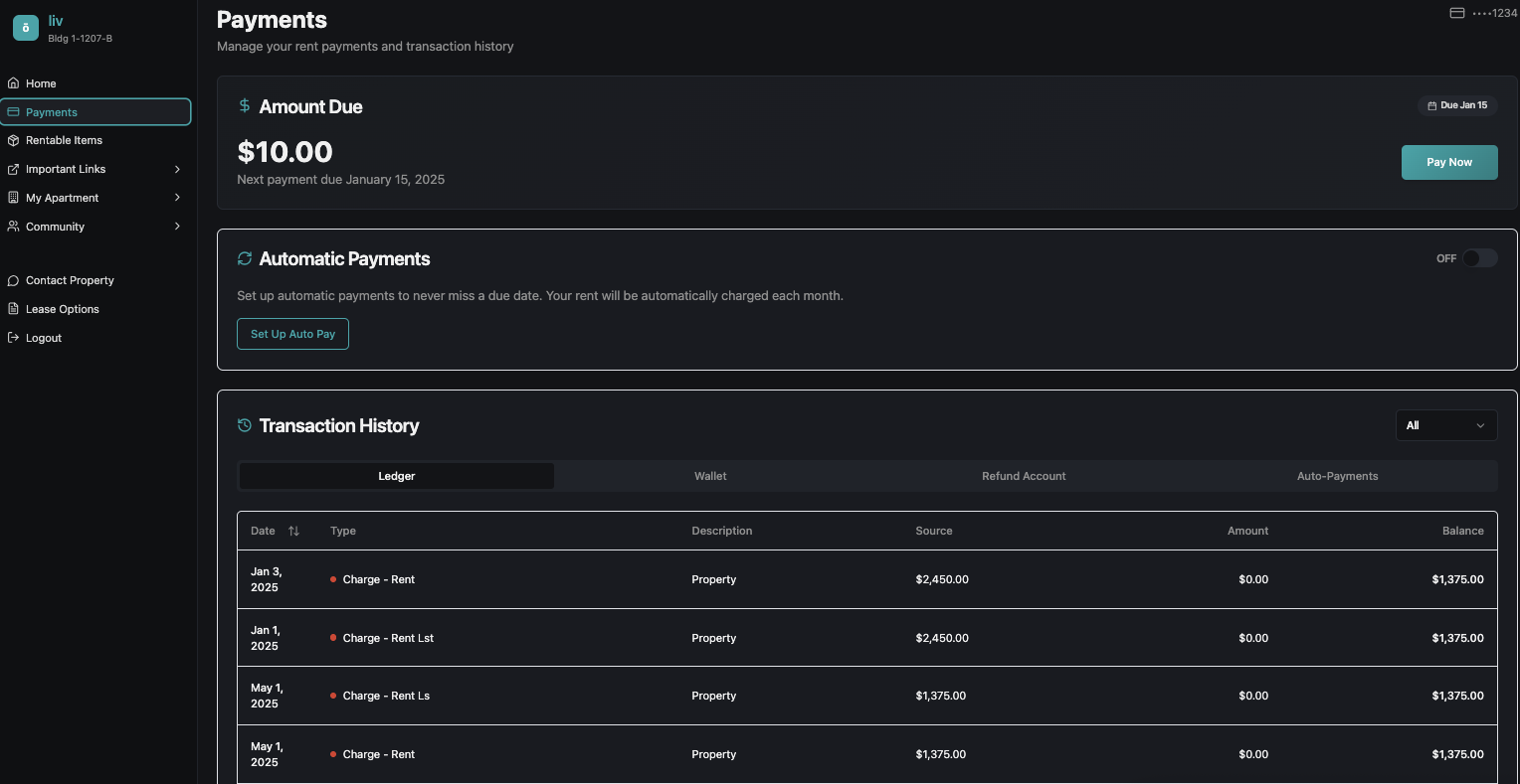 EZtenant Payments page showing amount due, auto-pay setup, and transaction history with rent charges and balances