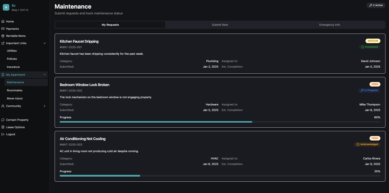 EZtenant Maintenance page showing active requests with priority levels, progress bars, assigned technicians, and estimated completion dates