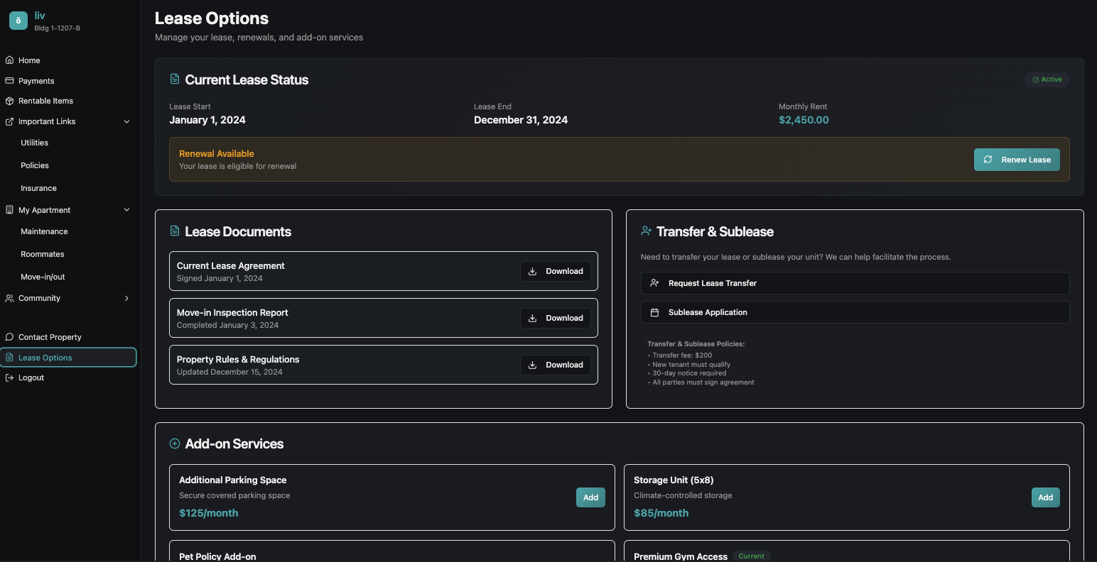 EZtenant Lease Options page showing current lease status, renewal availability, lease documents, transfer and sublease options, and add-on services