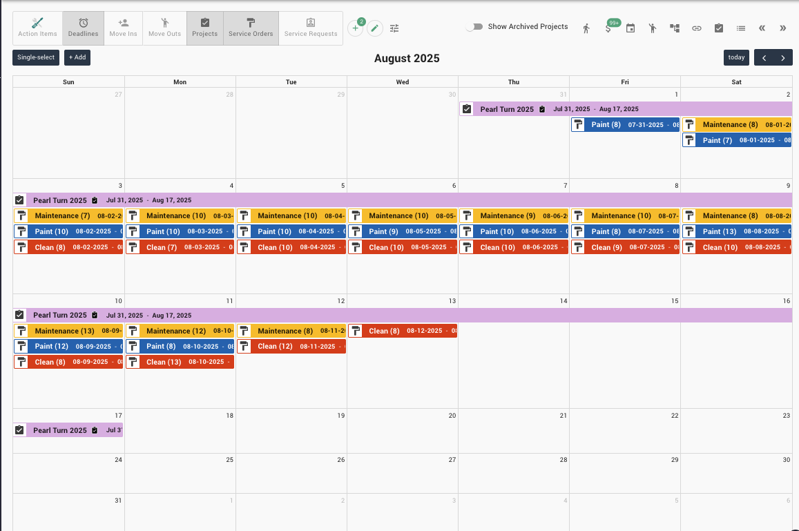 EZturn scheduling calendar showing turn projects across August with paint, maintenance, and clean service tracks
